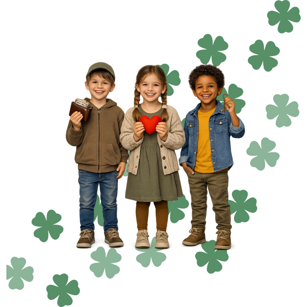 Klee - Drei Kinder mit den Elementen für finanzielles Glück-Weltglückstag 2026 mit Stark ins Neue